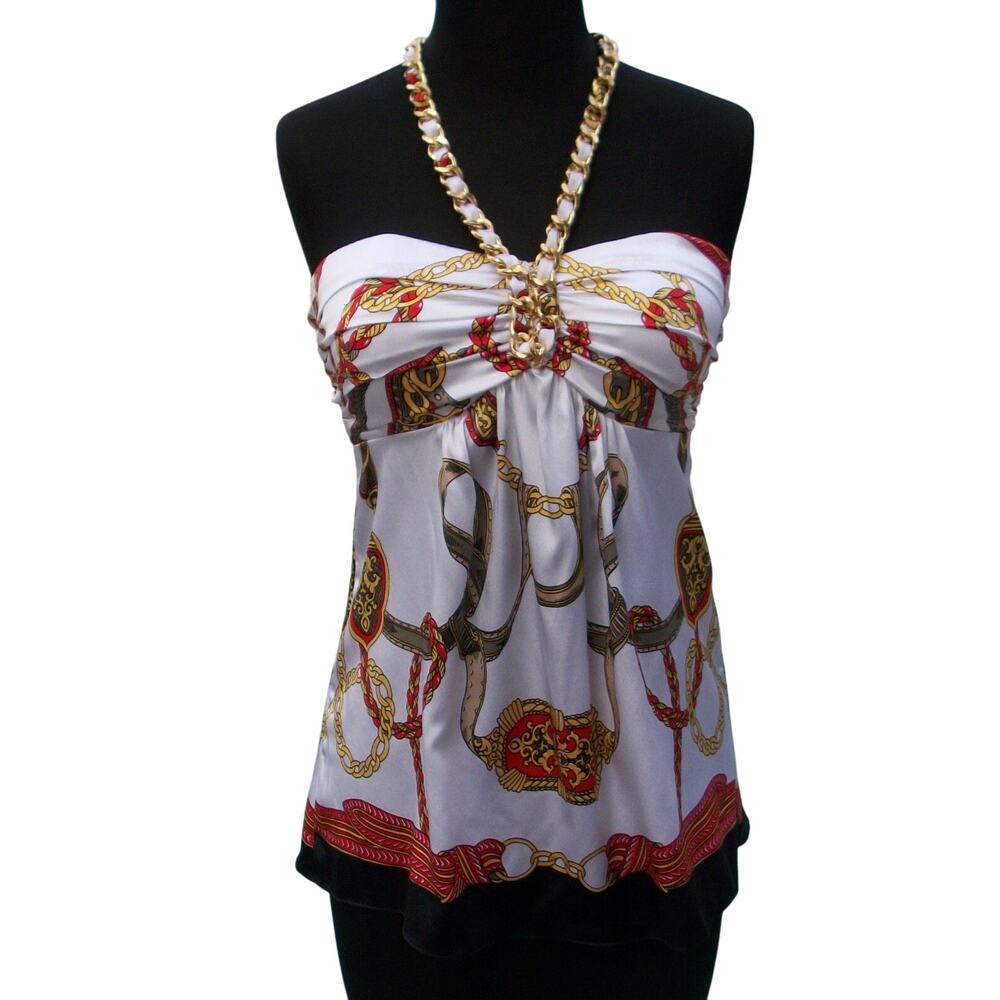 Cache Silk Woven Chain Halter Top New Ruched Built In Bra Multi Color $118 NWT